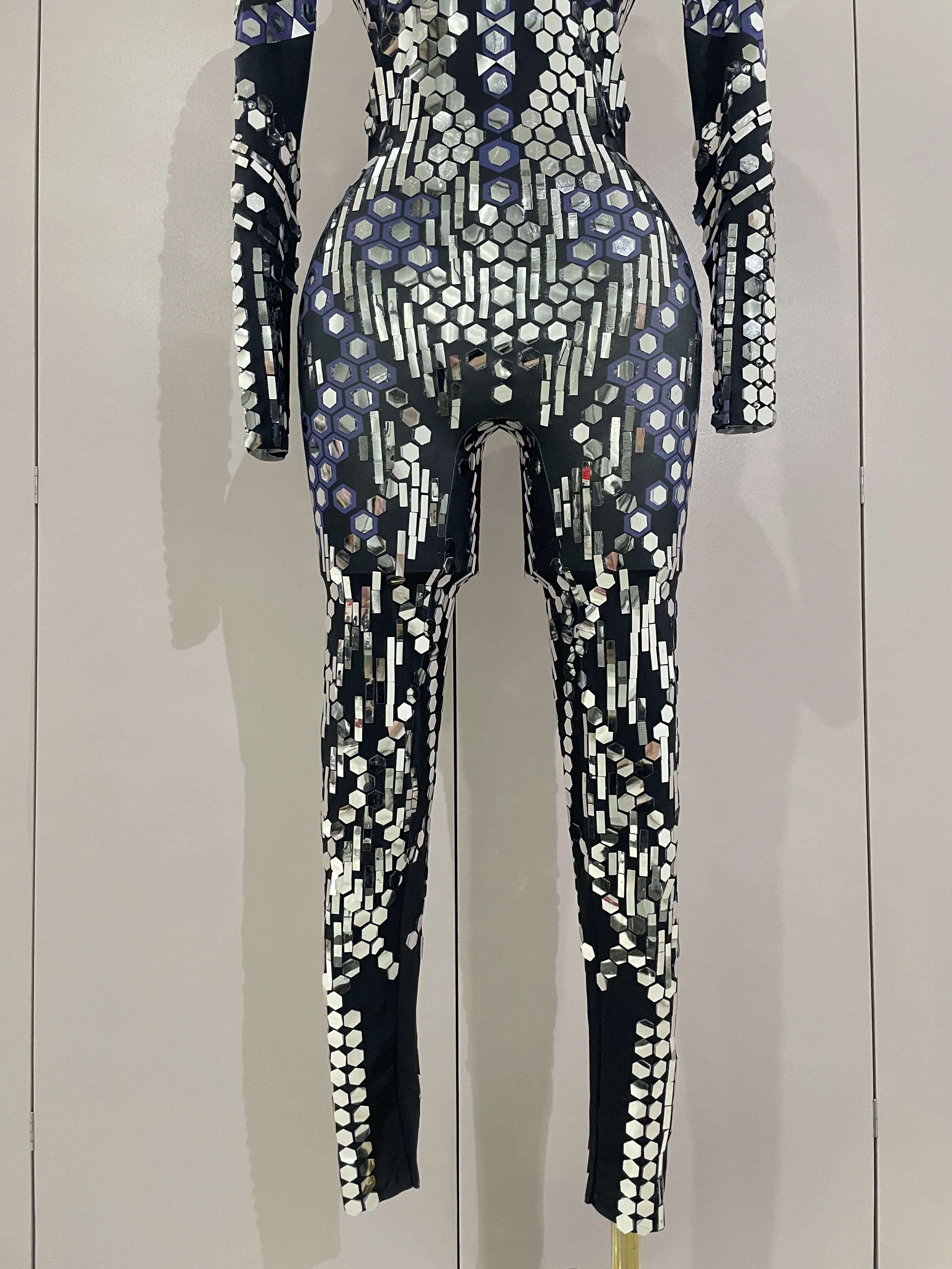 Combinaison Sexy en paillettes argentées brillantes, miroir noir, en Spandex, pour femmes, Costume d