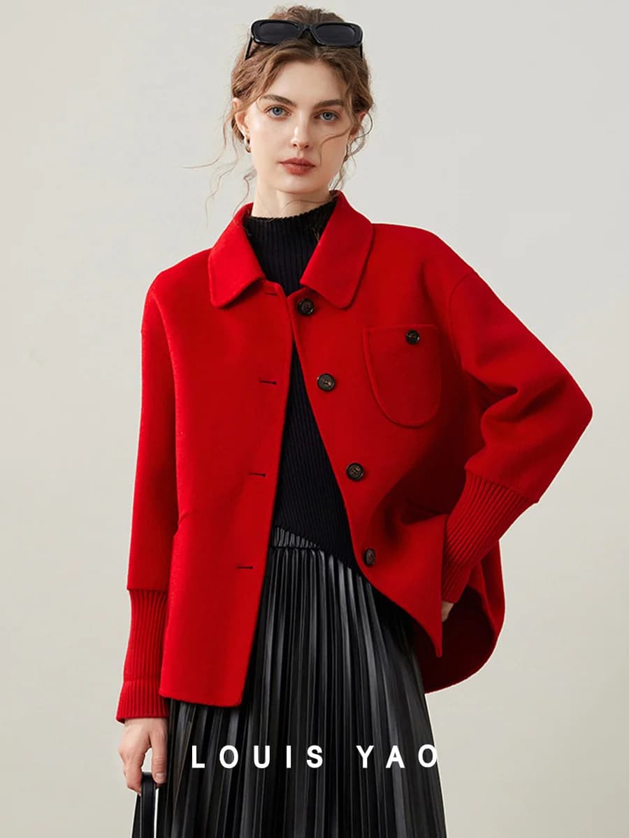 Modiis Yao-Manteau en laine double face pour femme, manteau en laine à manches longues, revers à la 