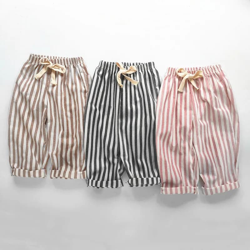 Pantalon à rayures en coton et lin pour garçon et fille, style décontracté, été automne