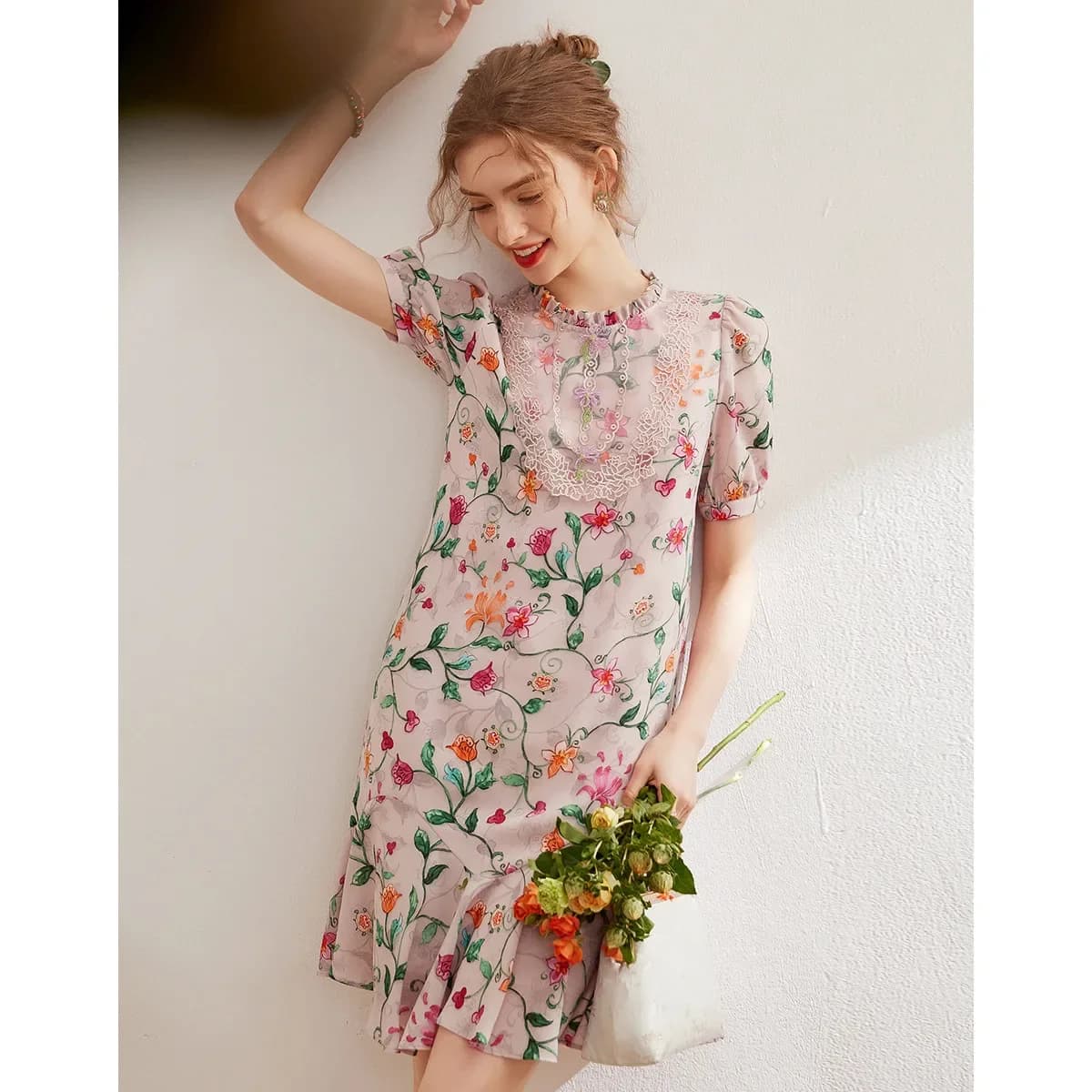 Modiis Yao-Robe florale brodée élégante, dentelle perlée, col rond, manches courtes, robe courte A-L