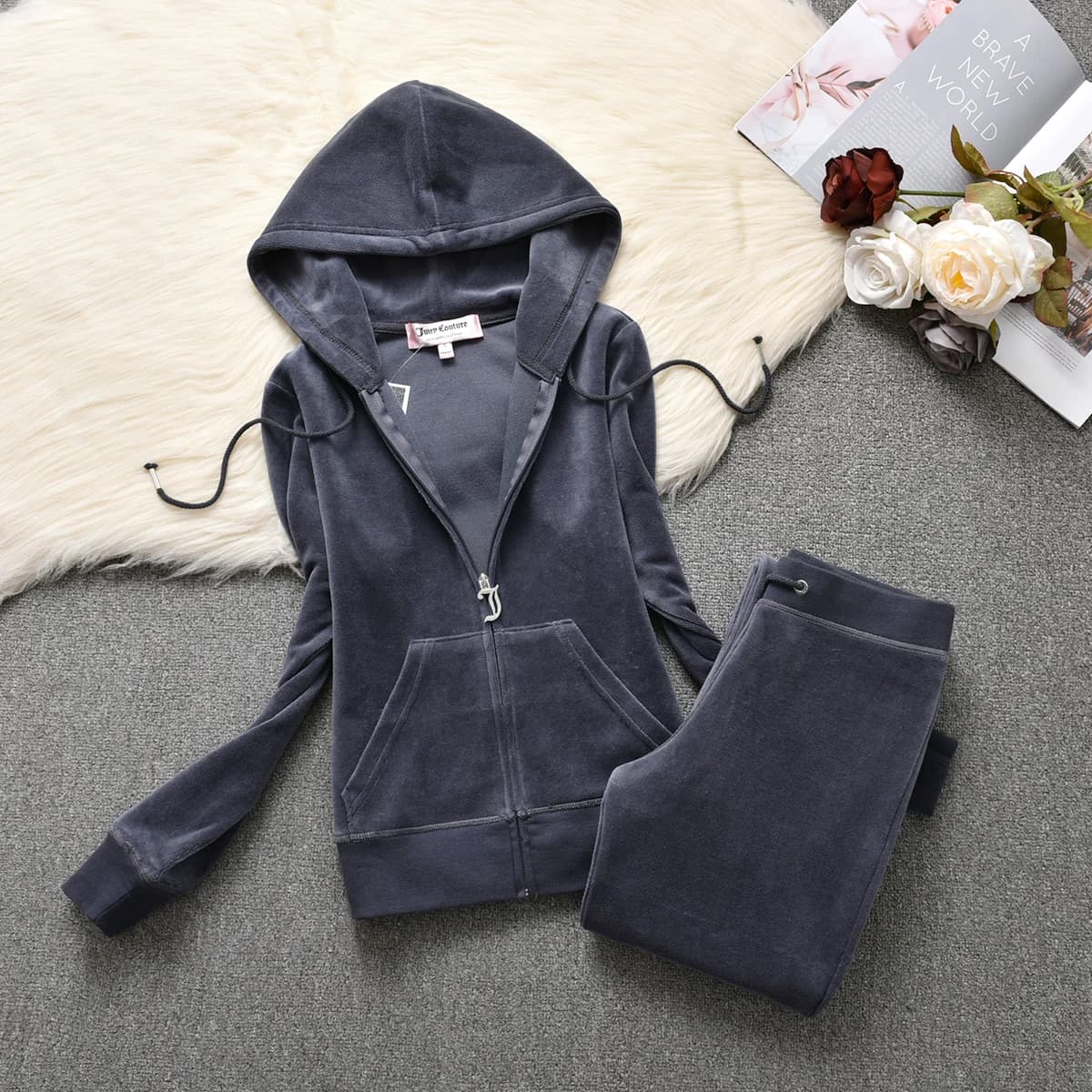 Ensemble de survêtement en velours 666 avec diamants 2026 pour femme – Veste à fermeture éclair et p