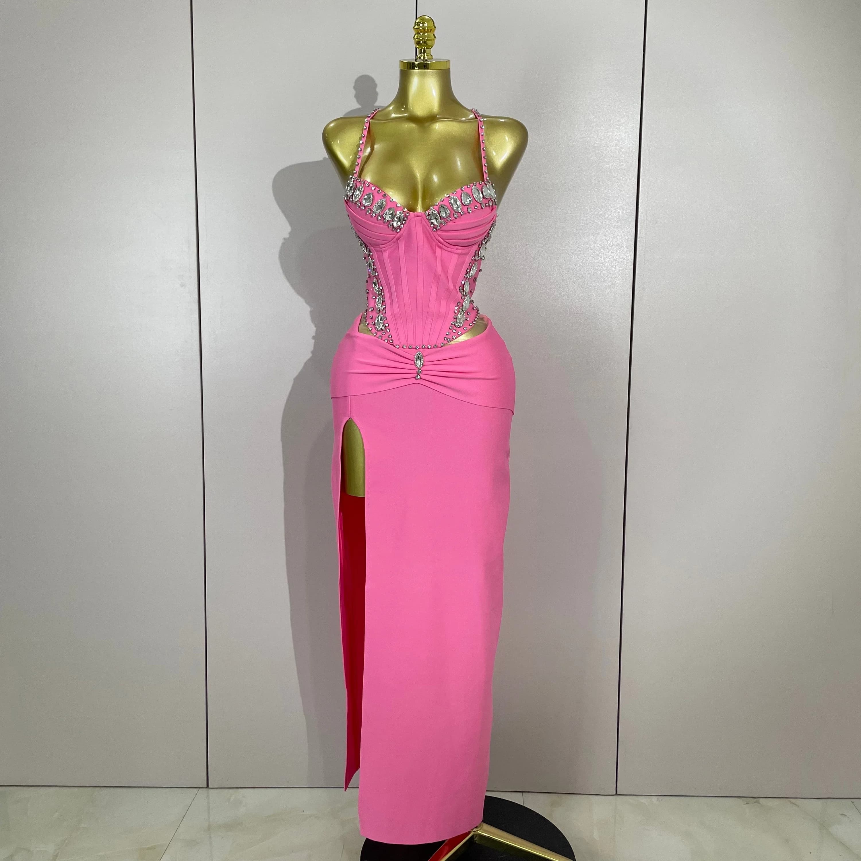 Robe à bandes rose, élégante, Sexy, dos nu, moulante, sans manches, pour femmes, bal, Club, soirée, 