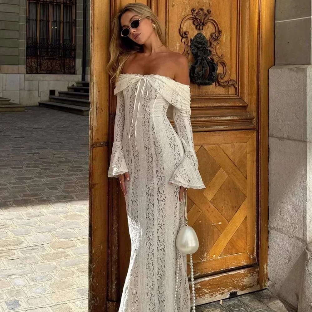 Oligai Robe Longue Dentelle Blanche Femme 2024 - Robe Épaules Dénudées Manches Évasées Bodycon pour 