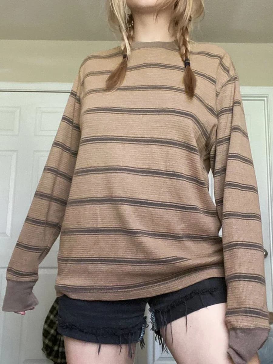 Chemise basique en tricot grunge nickel é pour femme, gris, noir, rayé, manches longues, col rond, t