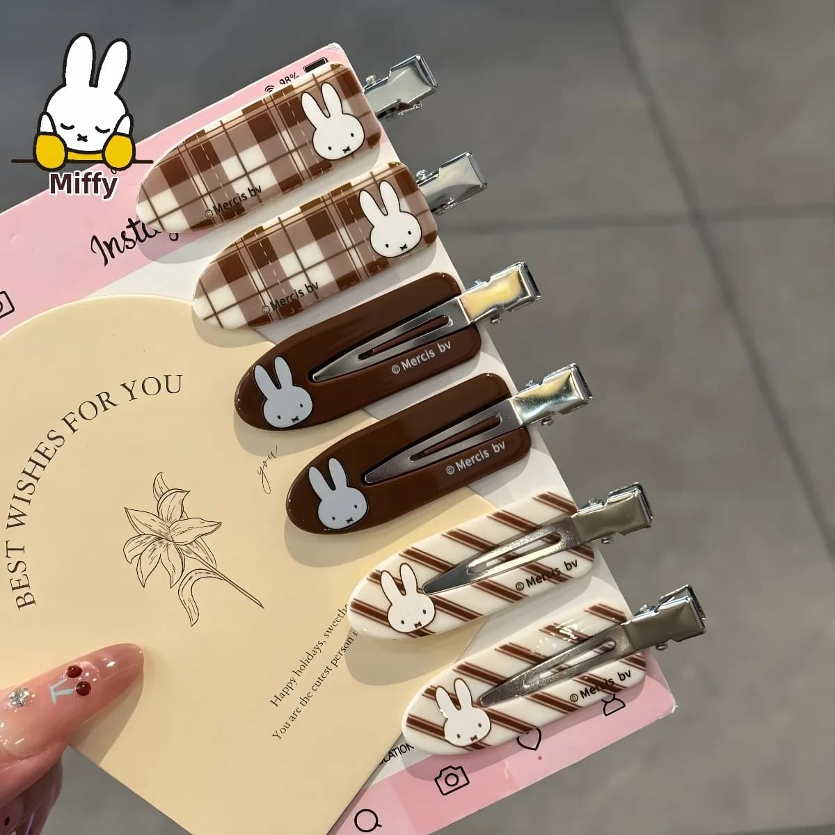 Pince à cheveux lapin Miffy Kawaii, couleur café, à carreaux, sans trace, pince à frange de dessin a