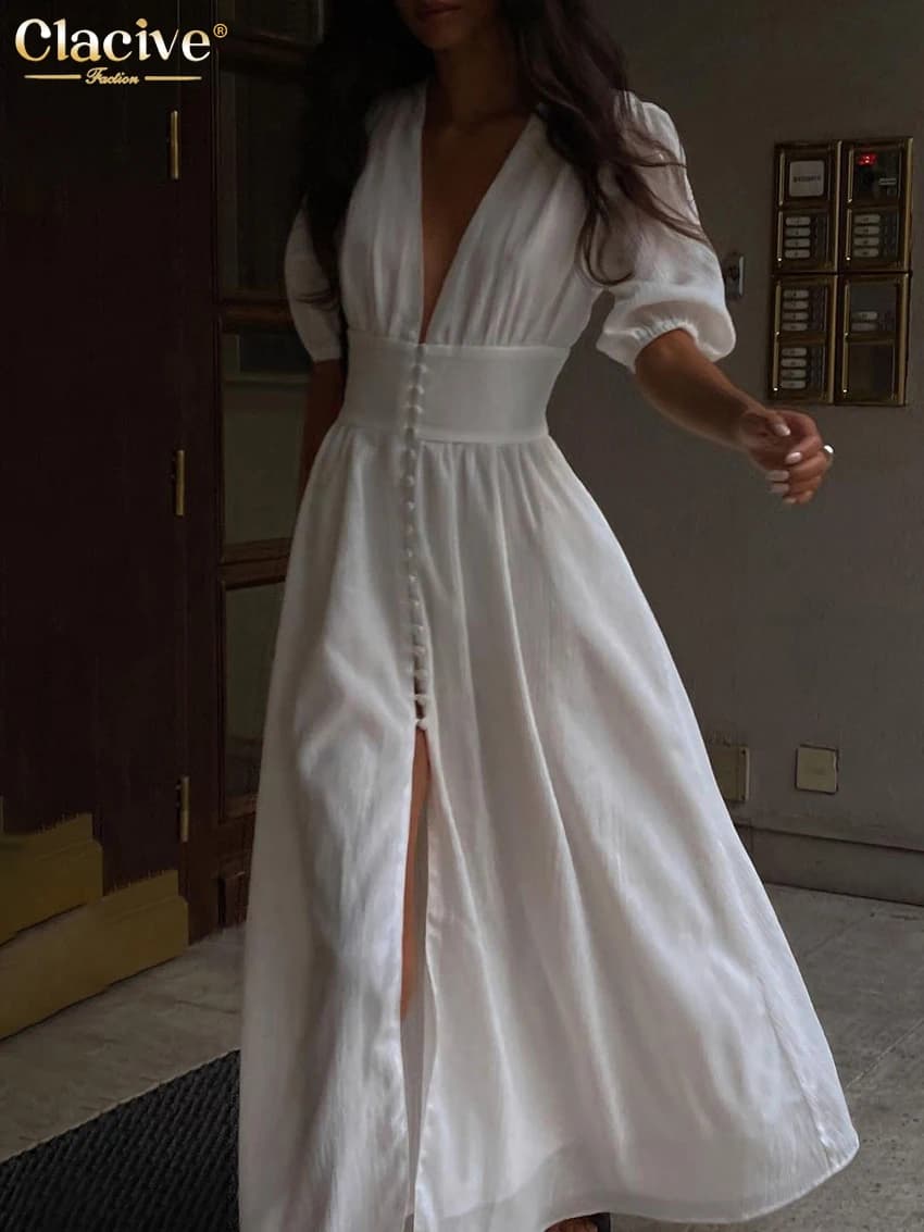 Clacive blanc Sexy simple boutonnage femmes robe 2022 élégant à manches courtes col en v robes de so