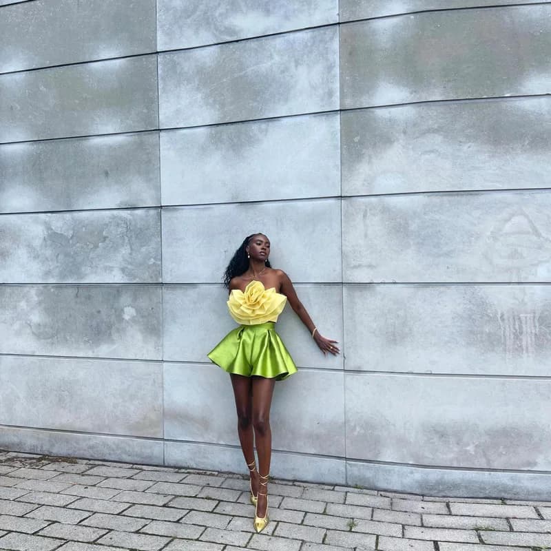 ChimTwo-Ensemble mini jupe jaune pour femme, haut en tulle à volants fleuris sans bretelles, jupe co