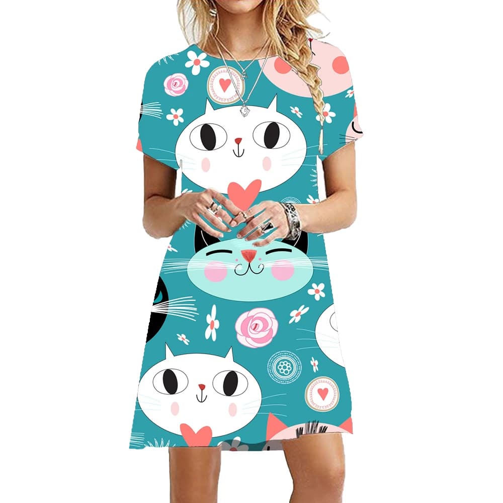 Robe décontractée à manches courtes pour femmes, chats de peinture mignons drôles, vêtements d'été p