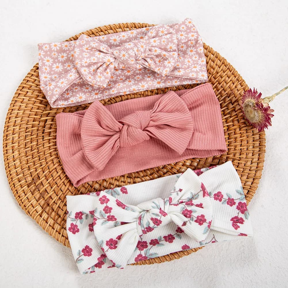 3 pièces/lot Ins côtelé bébé filles bandeaux Floral rouge coeur Dasiy imprimer arcs élastiques bande