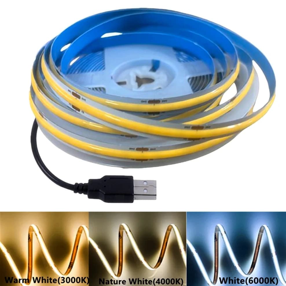 Bande lumineuse LED COB USB, éclairage linéaire haute densité, 320LED/m, flexible, 3000K/4500K/6500K