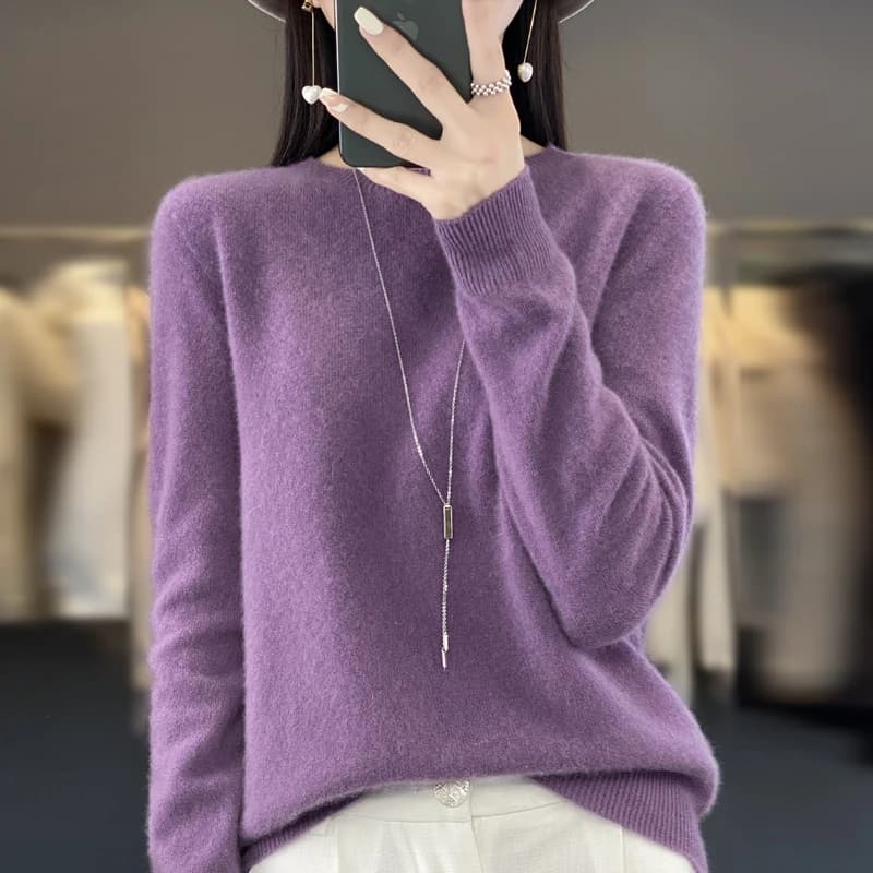 Pull tricoté en laine mérinos Pure pour femme, pull à col rond, sans couture, en cachemire, vêtement
