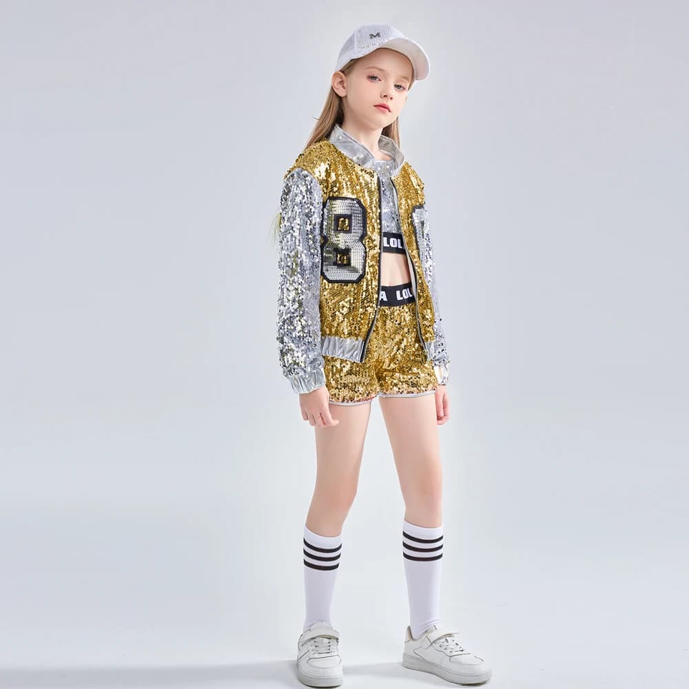LOlanta 4-14 ans filles rose paillettes Crop Tops short veste Costume de danse Hip Hop moderne Jazz 