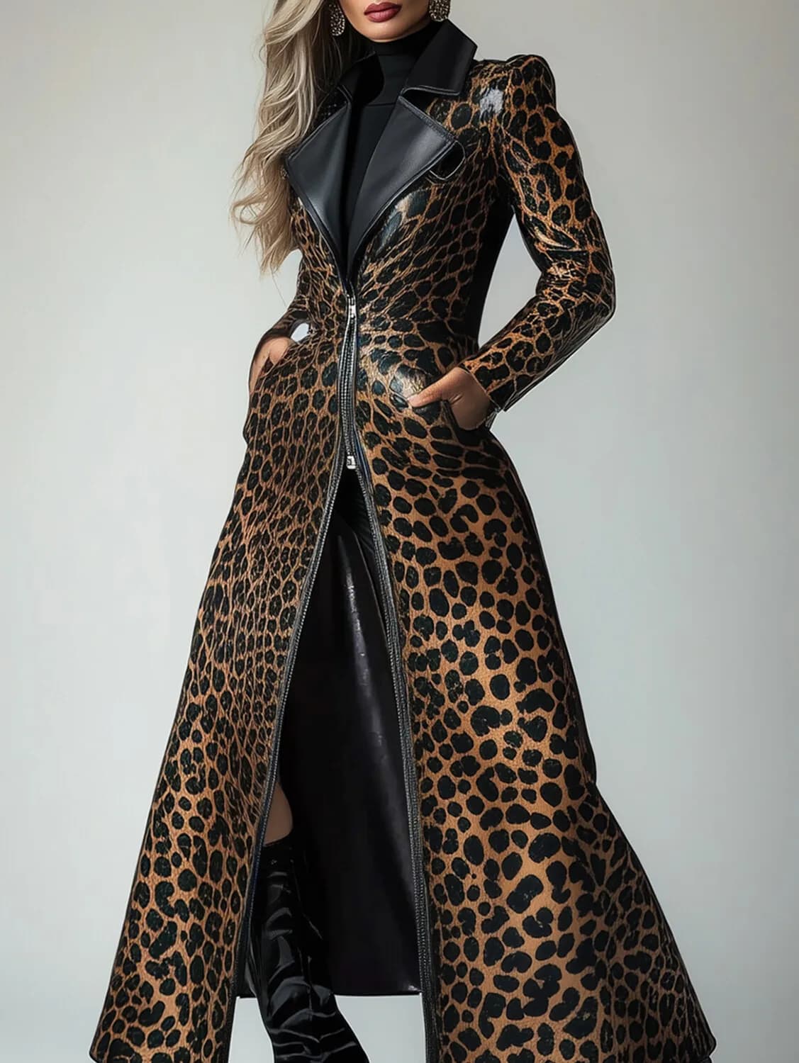 Trench-coat en cuir PU avec poche zippée et motif léopard