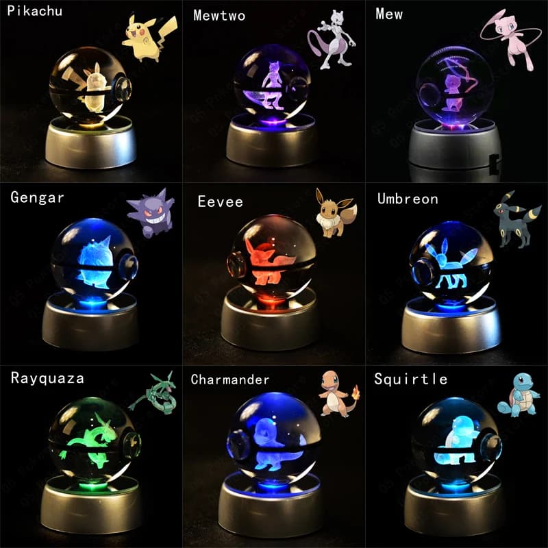Boule de cristal Pokemon 3D Pikachu Mewtwo Mew Gengar, Base de lampe veilleuse, boule de verre Pokeb