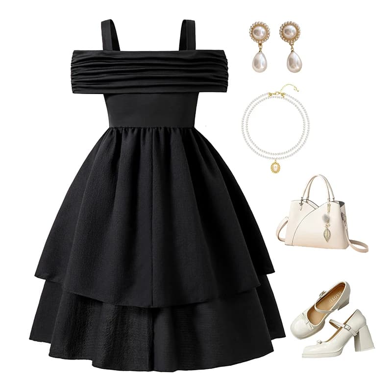 Robe d'été noire pour filles, couleur unie, écharpe, manches courtes, froncée, à plusieurs niveaux, 