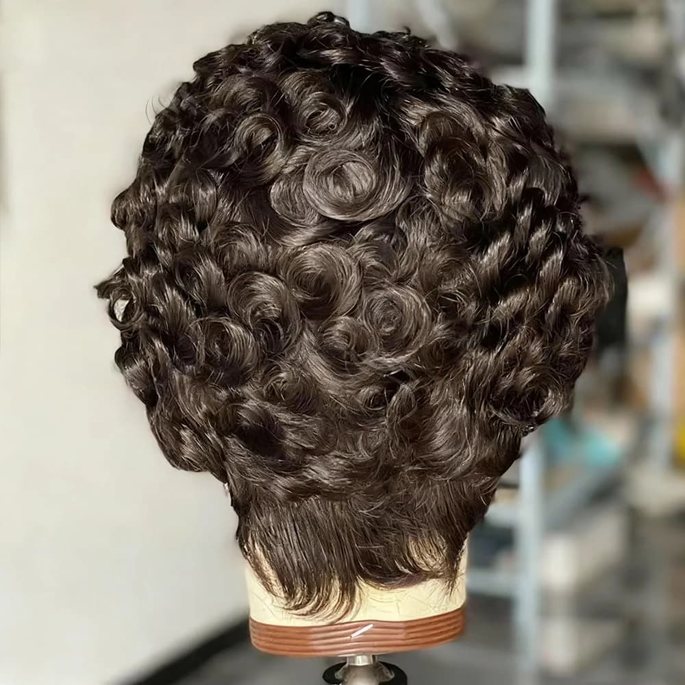 Pas de colle coupe lutin perruque 100 perruques de cheveux humains court rebondissant bouclés coupe 