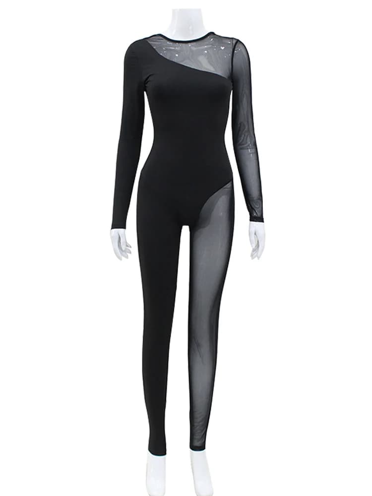 AHAgaga hiver Sexy voir à travers maille barboteuses femmes combinaisons mode col rond fermeture écl