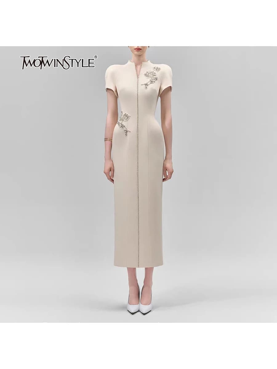 Robe amincissante TWOTWINSTYLE pour femme, col montant, manches courtes, patchwork brodé, ornée de d