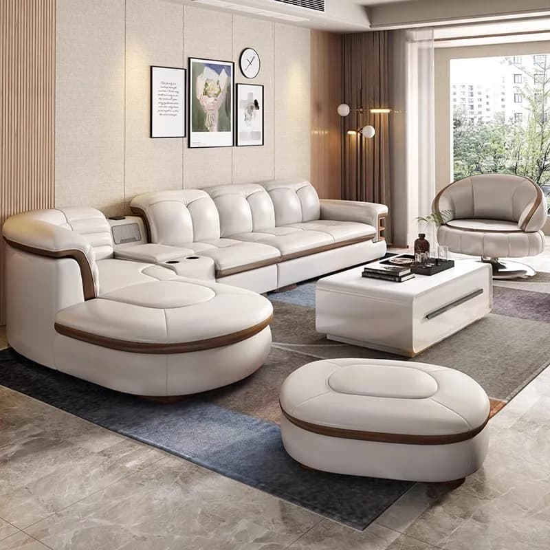 Canapé sectionnel en cuir véritable en forme de L, ensembles de luxe, USB, haut-parleur Bluetooth, s