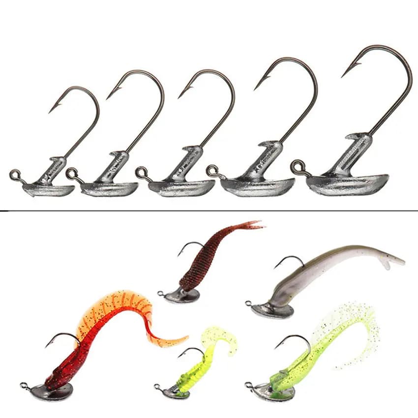 Lot de 10 hameçons de pêche à tête rotative (3,5g, 5g, 7g, 10g, 14g) pour leurres souples, accessoir