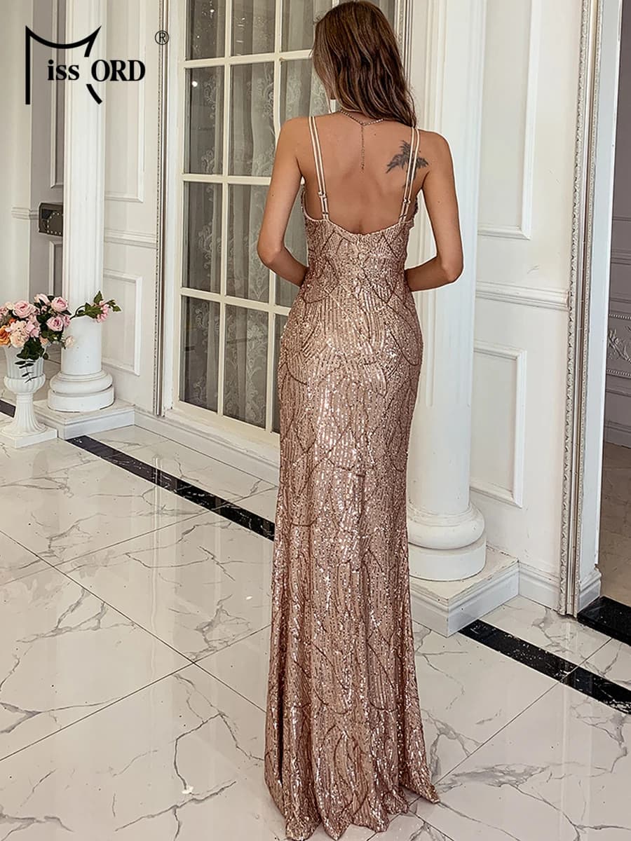 Missord élégant or paillettes longues robes de soirée femmes Spaghetti sangle col en V dos nu haute 