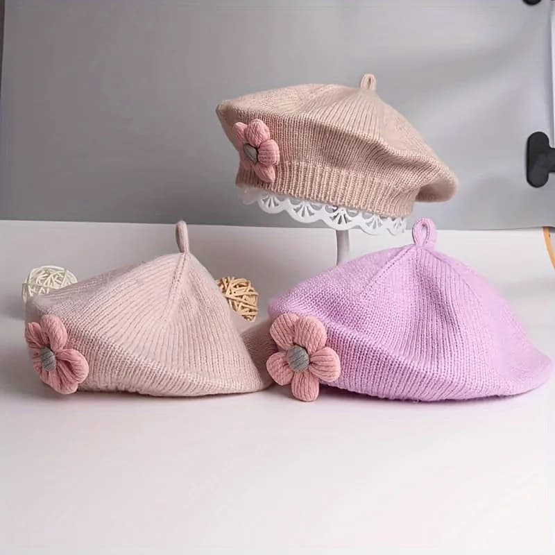 Béret à fleurs pour bébé, bonnet tricoté chaud d'hiver pour nourrissons filles, casquettes de peintr