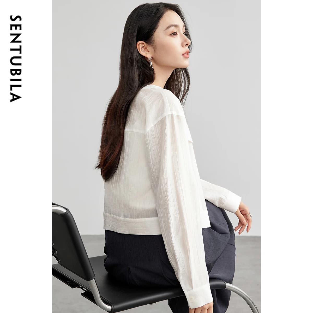 Chemise femme SENTUBILA en Lyocell, col rond uni, manches longues, simple boutonnage, nouvelle colle