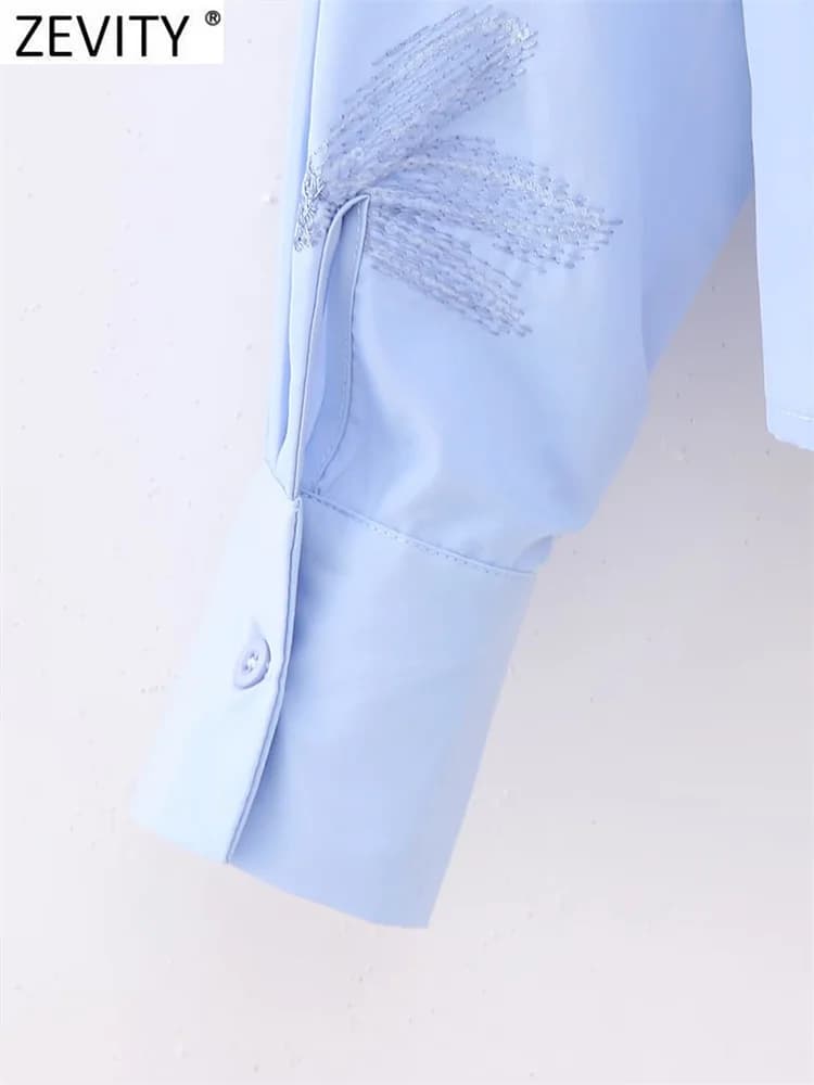 Zevity femmes mode paillettes fleur broderie courte Smock Blouse bureau dames Chic à manches longues