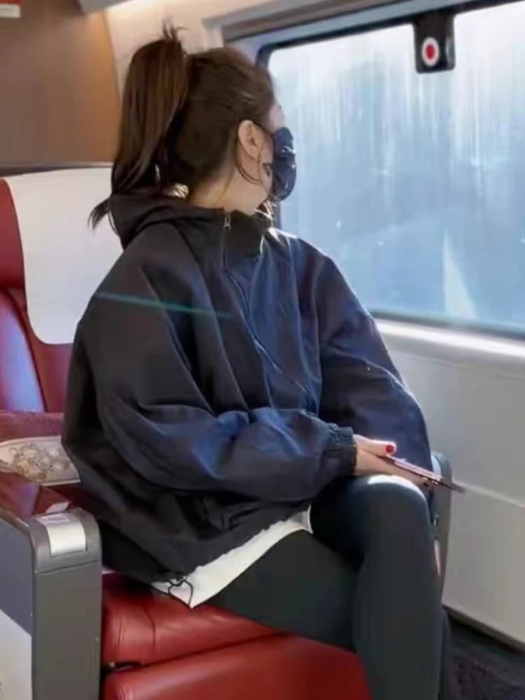 Vestes monochromes à capuche pour femmes, fermeture éclair simple, poches de loisirs, style japonais