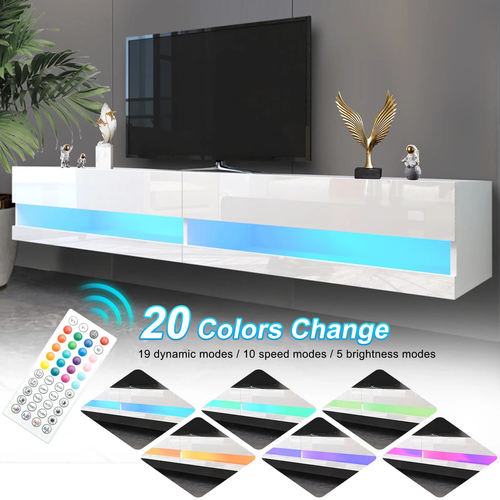 Support TV flottant pour TV 75/80 ", support TV mural LED avec prises de courant, console multimédia