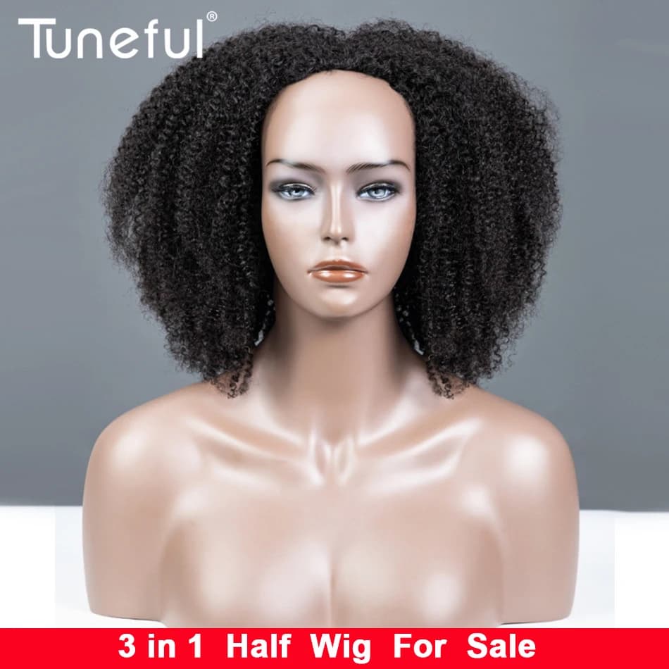 Tuneful court naturel crépus bouclés 3 en 1 demi-perruques cheveux humains pour les femmes (peut êtr