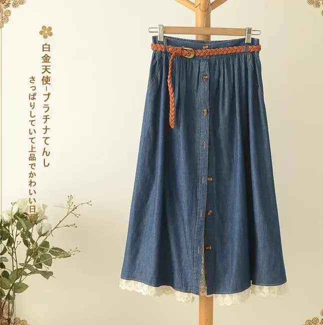 Jupe en Jean en coton pour femmes, jupe longue plissée en dentelle à simple boutonnage