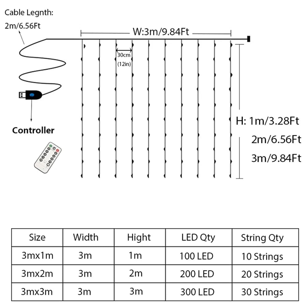 Guirlande lumineuse LED à batterie 3M x 1M/2M/3M, guirlande lumineuse féerique USB pour nouvel an, f