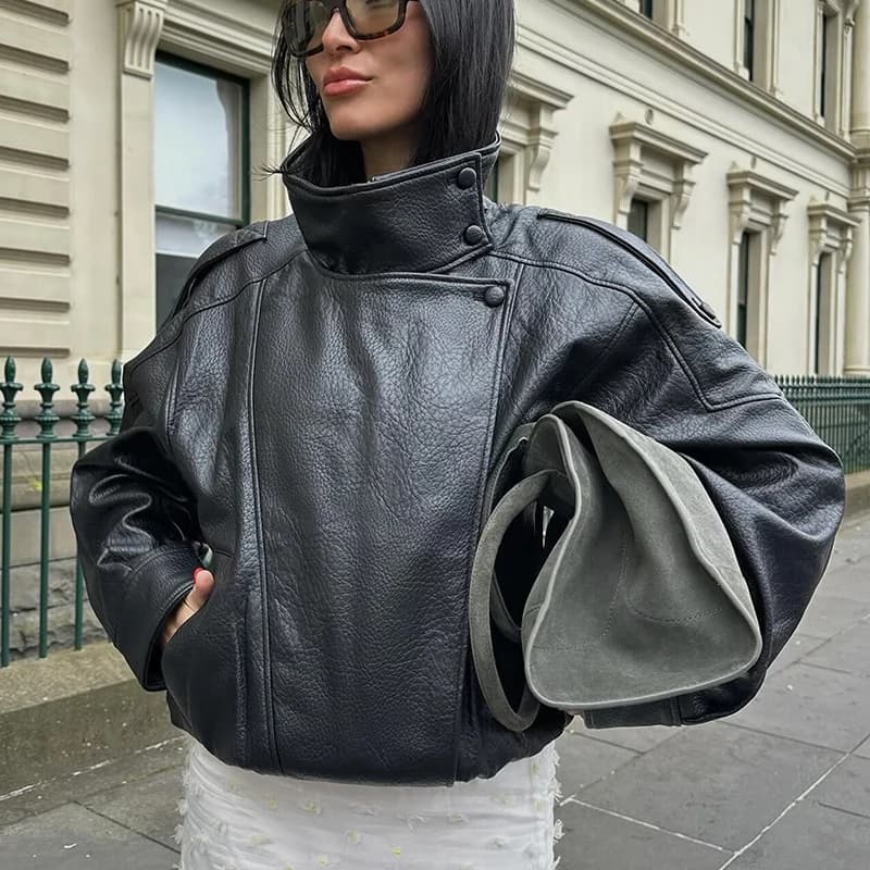 HXAO veste noire manteau femme veste en simili cuir vêtements d'extérieur Demi-saison Bomber Moto Bi
