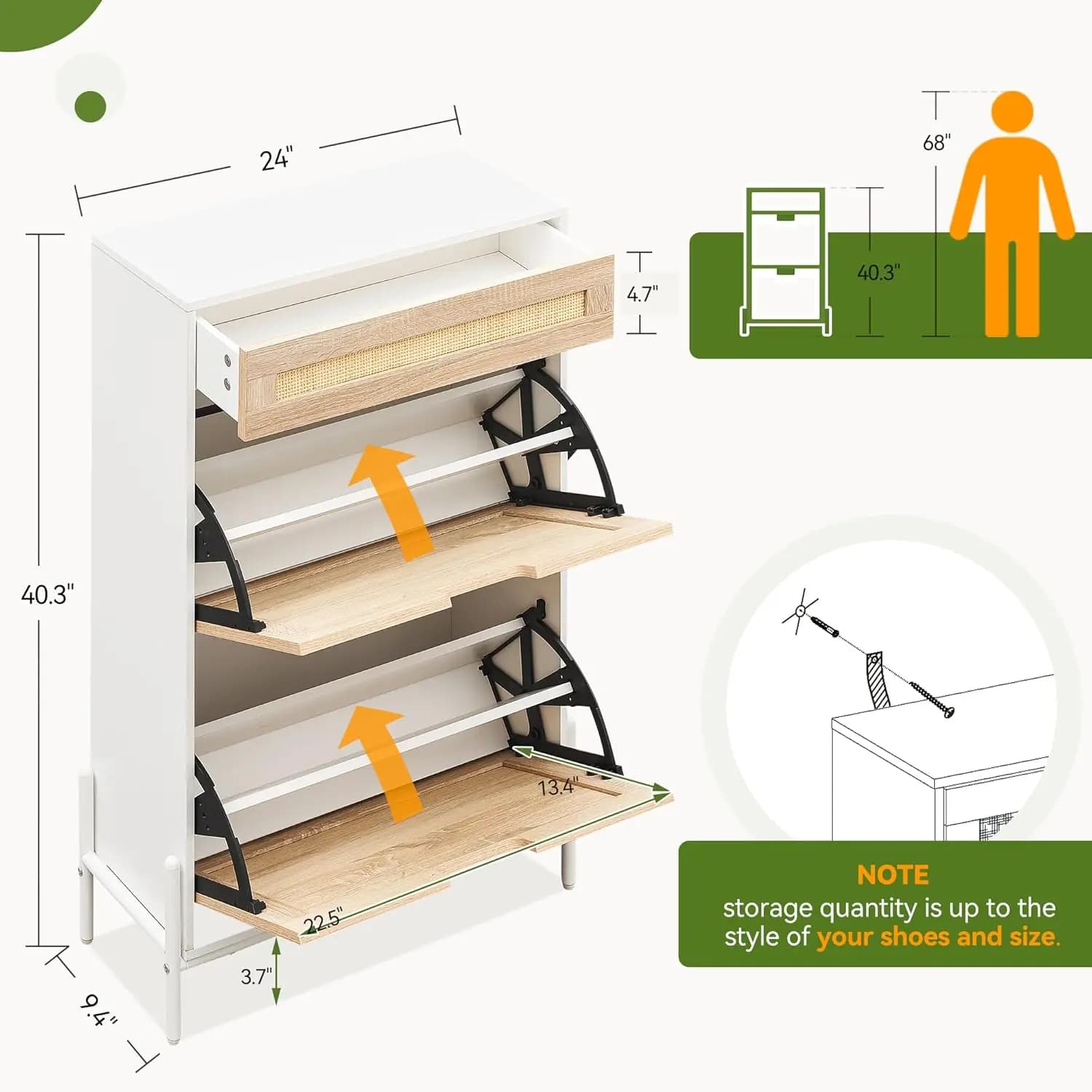 Armoire à chaussures cachée en rotin avec 2 portes rabattables, 1 tiroir, rangement de chaussures d'