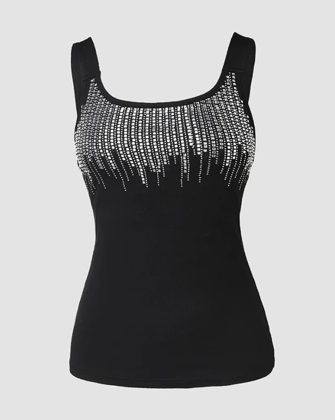 Précieux Top Femmes Vêtements Streetwear, Décor Strass, Col Rond, Fibre, Décontracté, Uni, Maigre, M