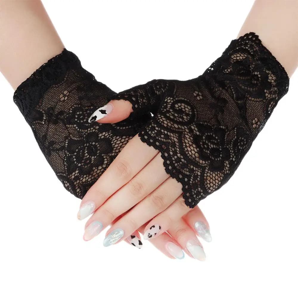 Gants courts en dentelle ajourée pour femmes, sans doigts, manches de Protection solaire, maille fin