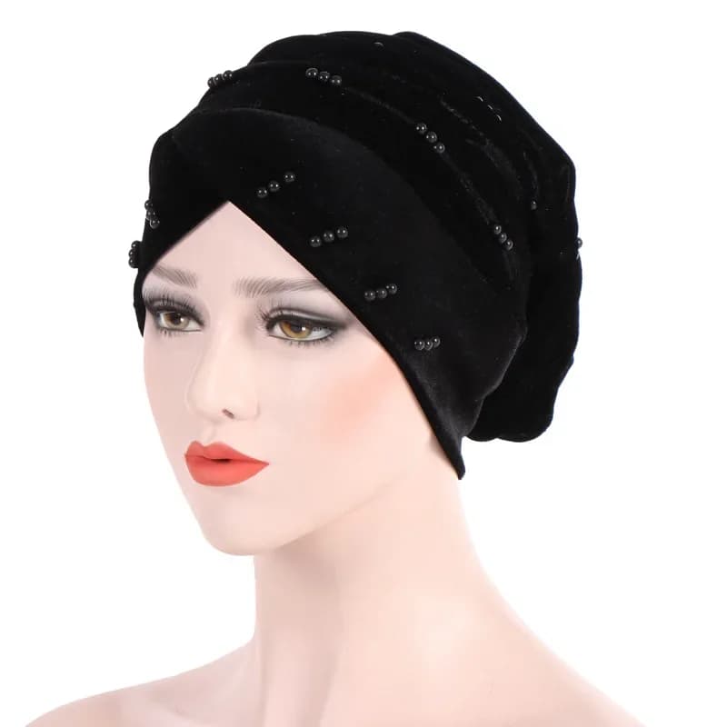 Bonnet d'hiver plissé en velours pour femmes, couvre-chef avec perles, turban, couvre-chef islamique