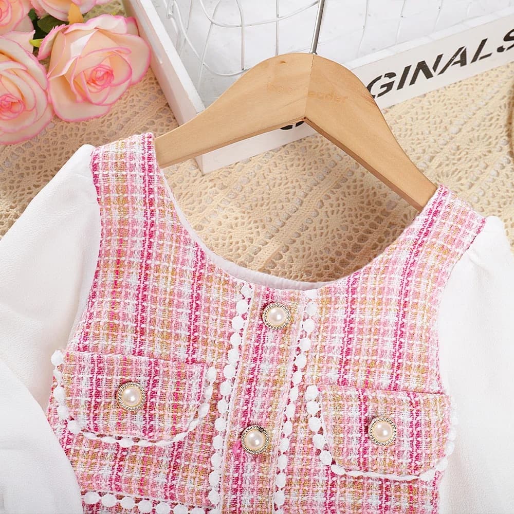 Menoea – robe d'automne pour filles, col rond, carreaux, boutons en dentelle, manches longues, mode 