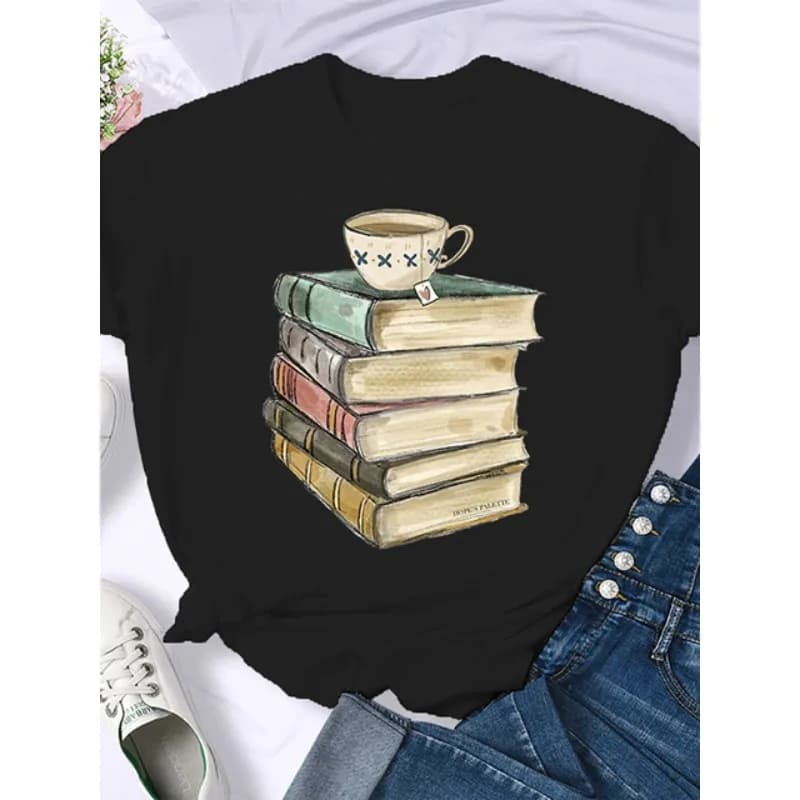 Café livres livres marron américain rétro T-shirt femme col rond demi manches T-shirt imprimé T-shir