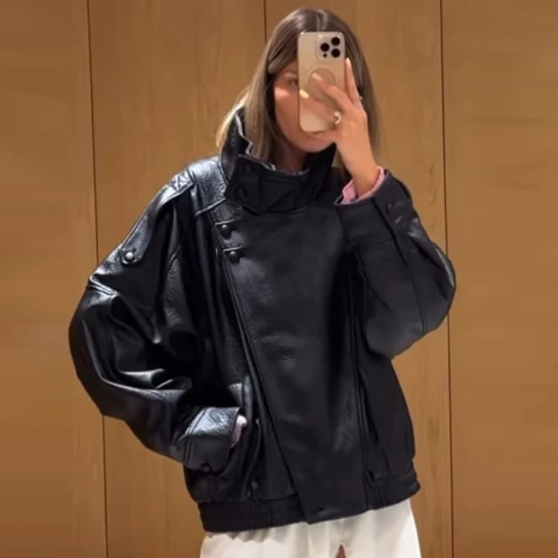 HXAO Faux cuir noir vestes pour femme nouveauté recadrée surdimensionné Bomber veste fermeture éclai