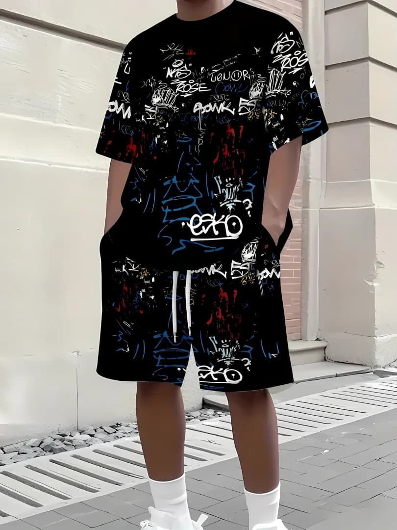 Ensemble short à manches courtes pour hommes, respirant et décontracté, imprimé en 3D, haut de rue u