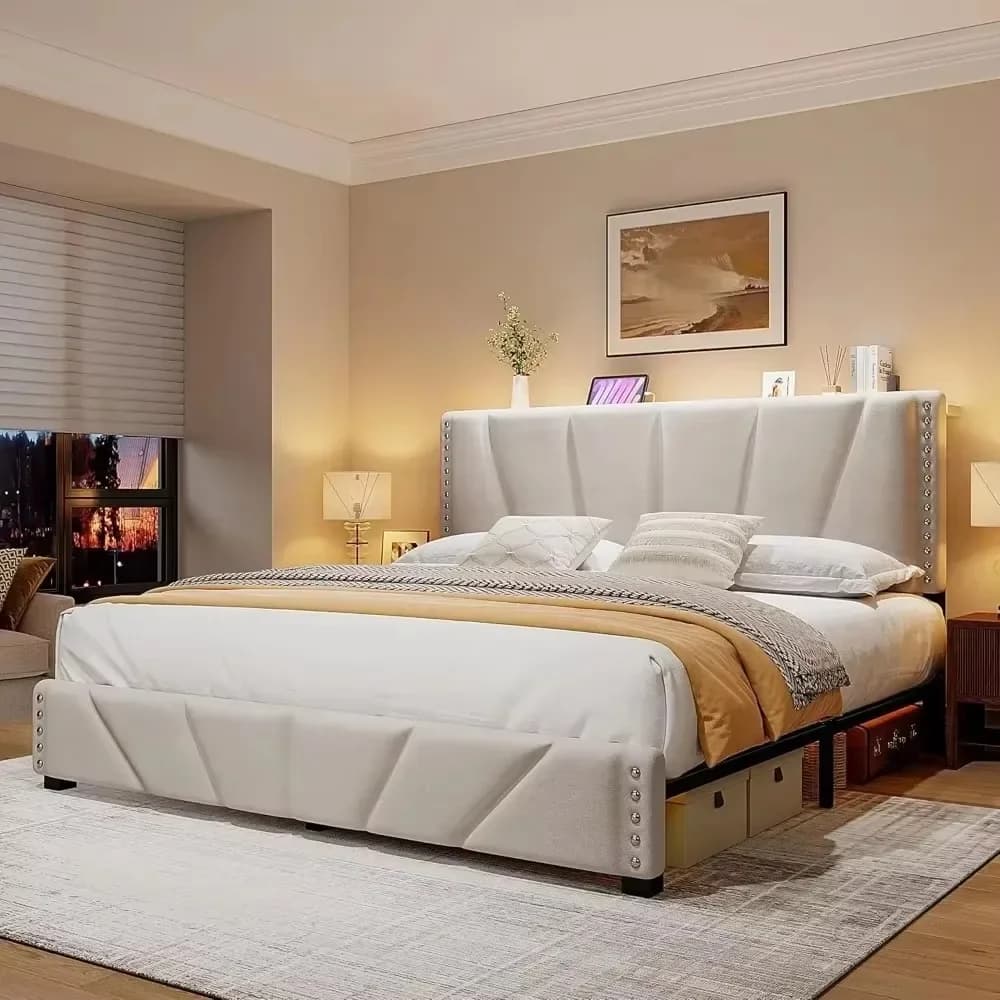 Cadre de lit king size, cadre de lit en velours, avec tête de lit et lumière LED, cadre de lit plate