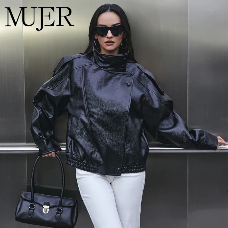 MUJER Faux cuir femme veste noir surdimensionné Bomber vestes pour femmes vêtements d'extérieur hive