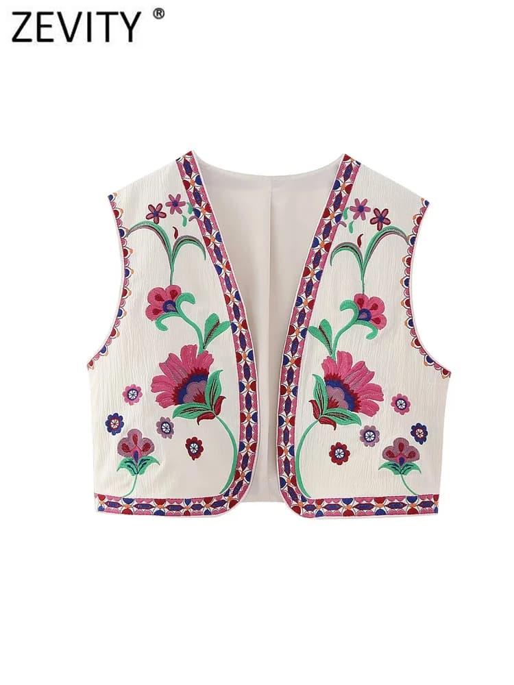 Zevity-Veste Brodée Florale Courte pour Femme, Gilet Décontracté, Style National, Fibre Position, Da