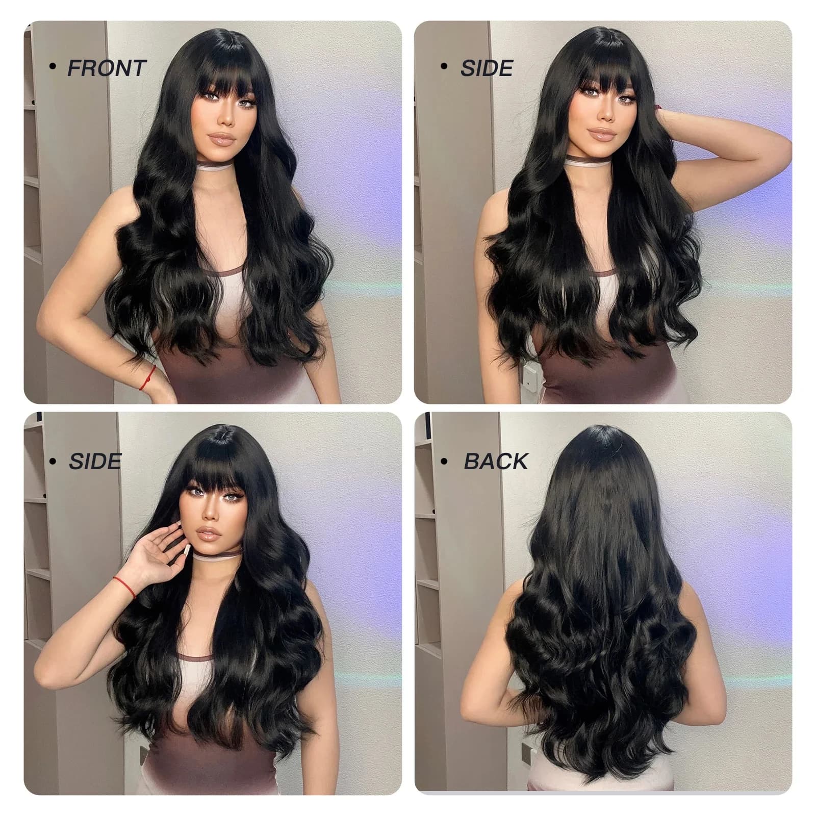 Grosses vagues de perruque synthétique noire longue bouclée pour le cosplay d'Halloween. Le portant 
