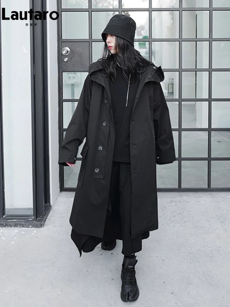 Lautaro-Manteau Long Respirant Noir avec Capuche pour Femme, Vêtements de Créateur de Luxe, Dark Aca