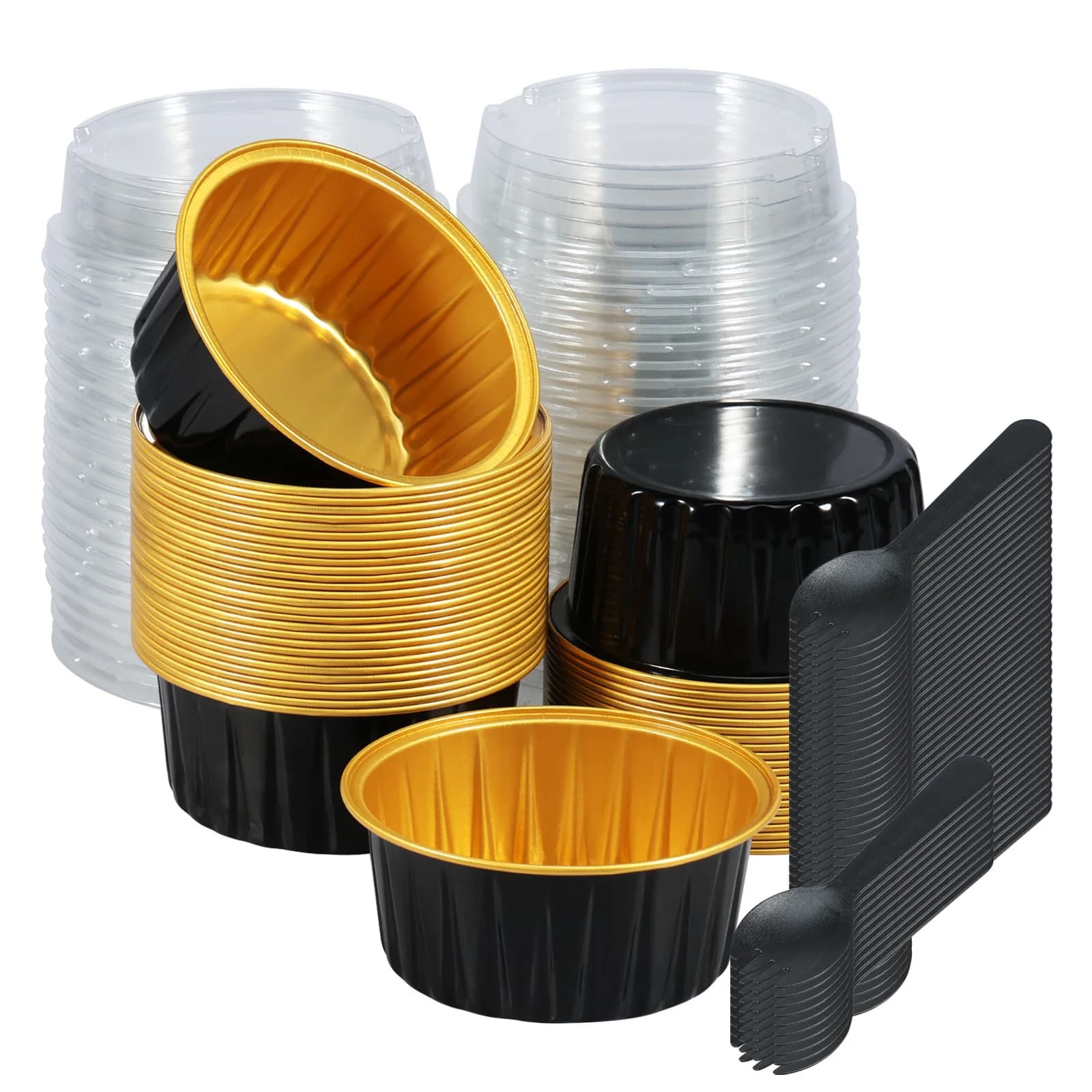 Mini tasses de cuisson en aluminium, 50 pièces, 5oz, moules à gâteaux avec couvercles, cuillères, do