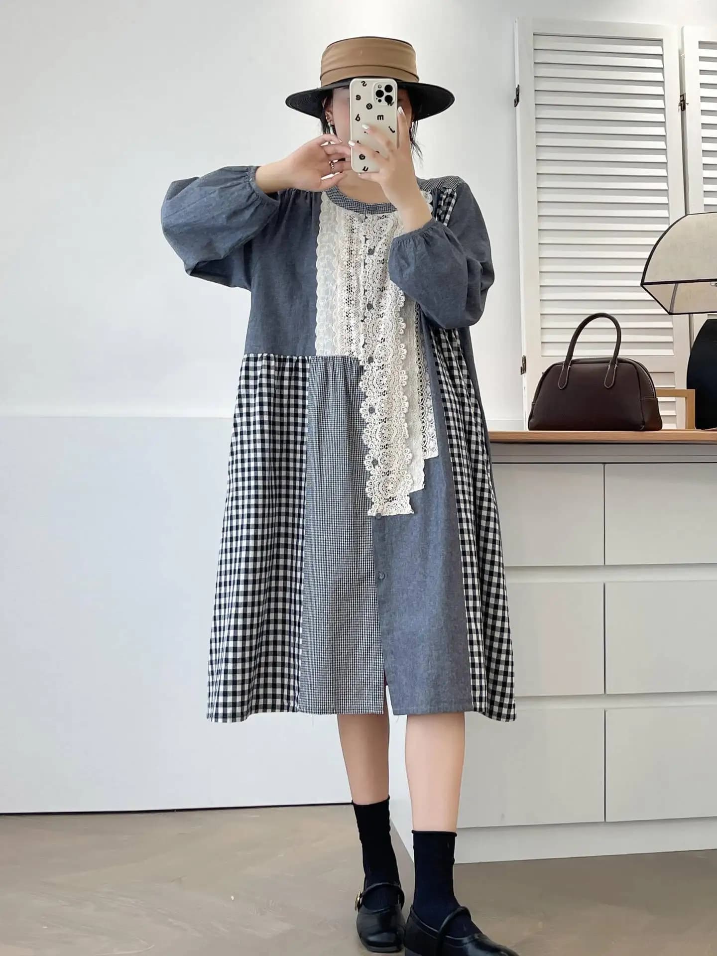 Nouvelles robes d'été en coton à manches longues pour femmes, dentelle à carreaux brodée pour femmes