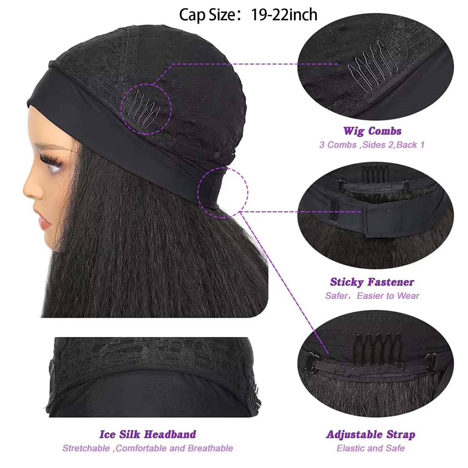 Perruque synthétique Yaki lisse et crépue pour femmes, perruque avec bandeau noir, facile à coiffer,